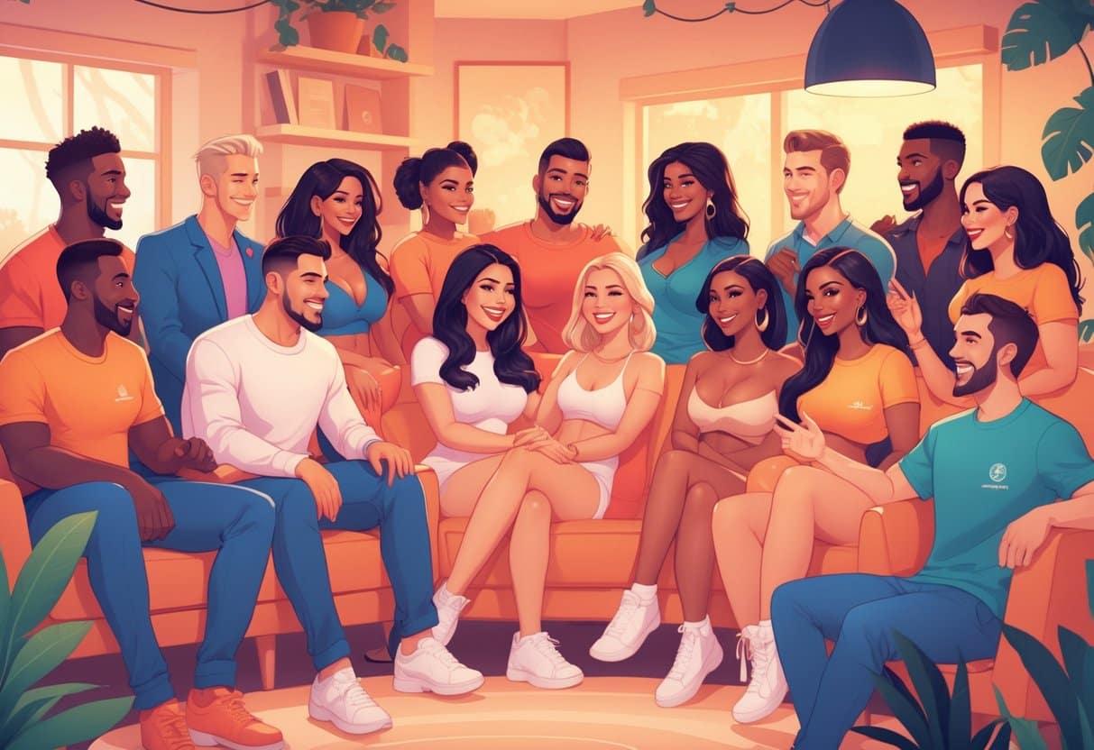 A group of diverse chatterbate couples interacting warmly in a cozy streaming studio with microphones and cameras visible.