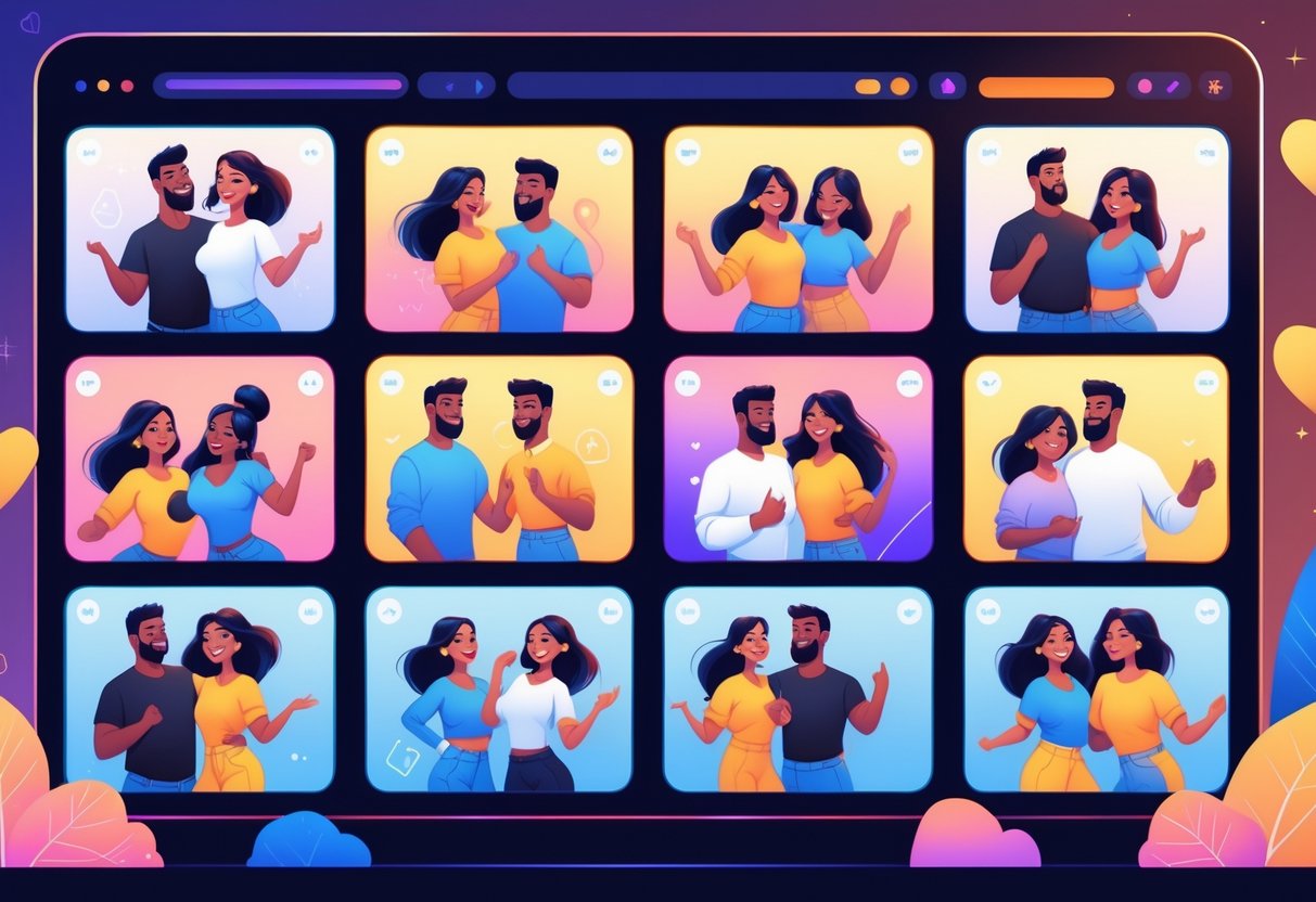 Multiple chatterbate couples performing live in separate video frames on a digital streaming platform, engaging playfully with the camera.