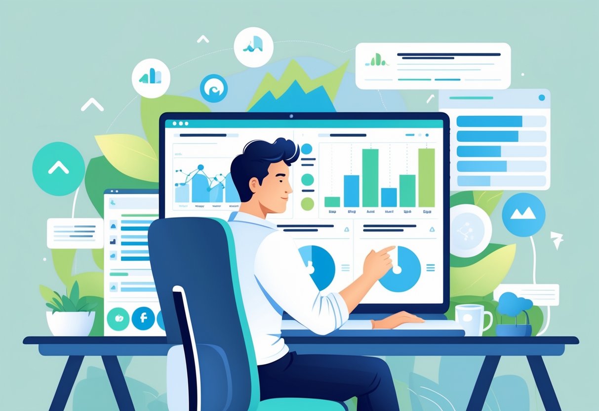 A person working at a desk with a laptop, analyzing chatterbate charts and adjusting chatterbate profile settings to improve online rankings.