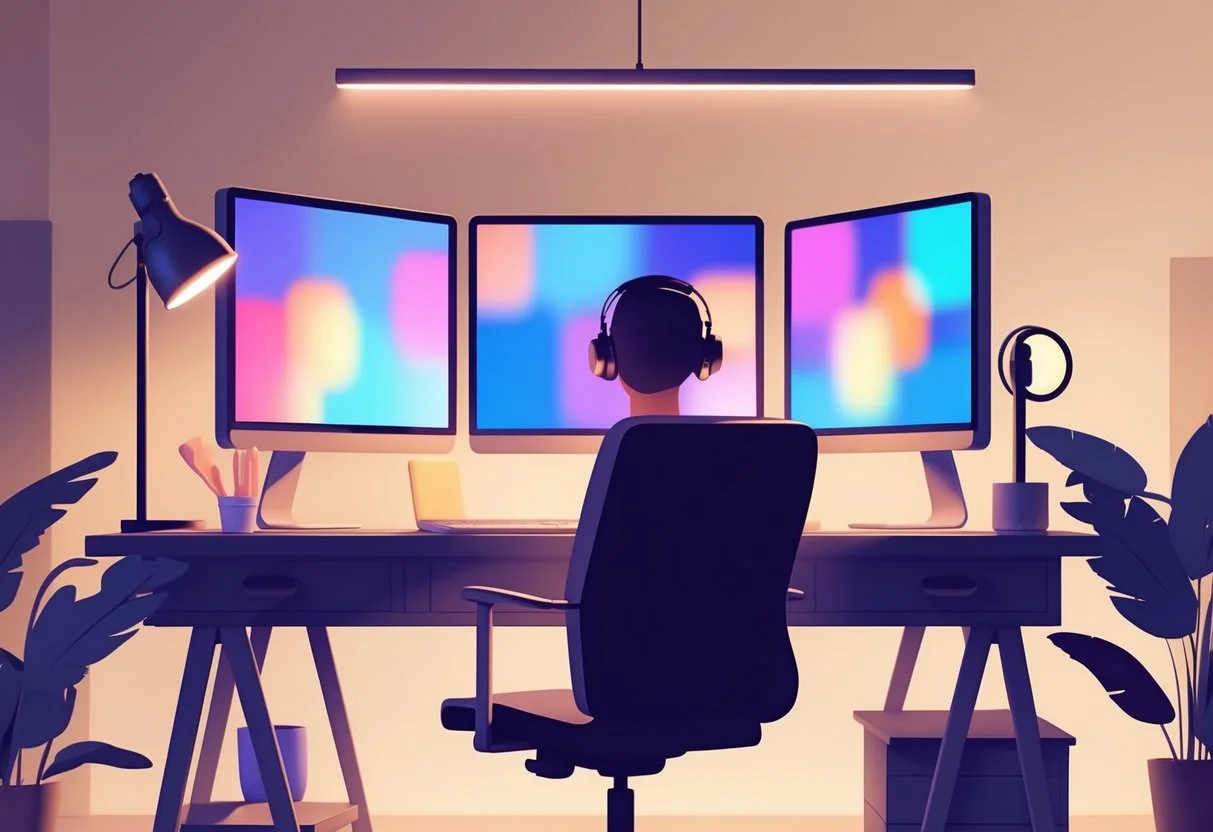 Modern home office setup for live streaming with ring light and webcam