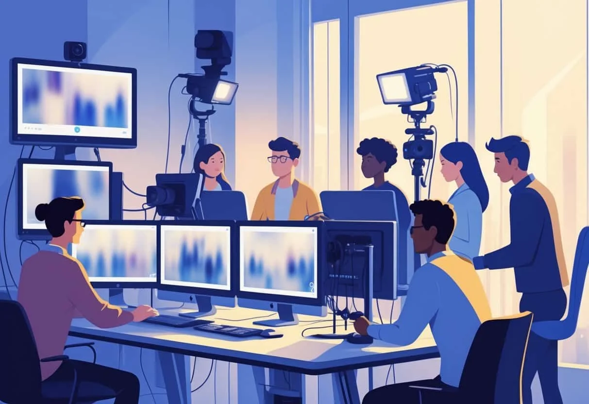 Professional live streaming setup with multiple monitors