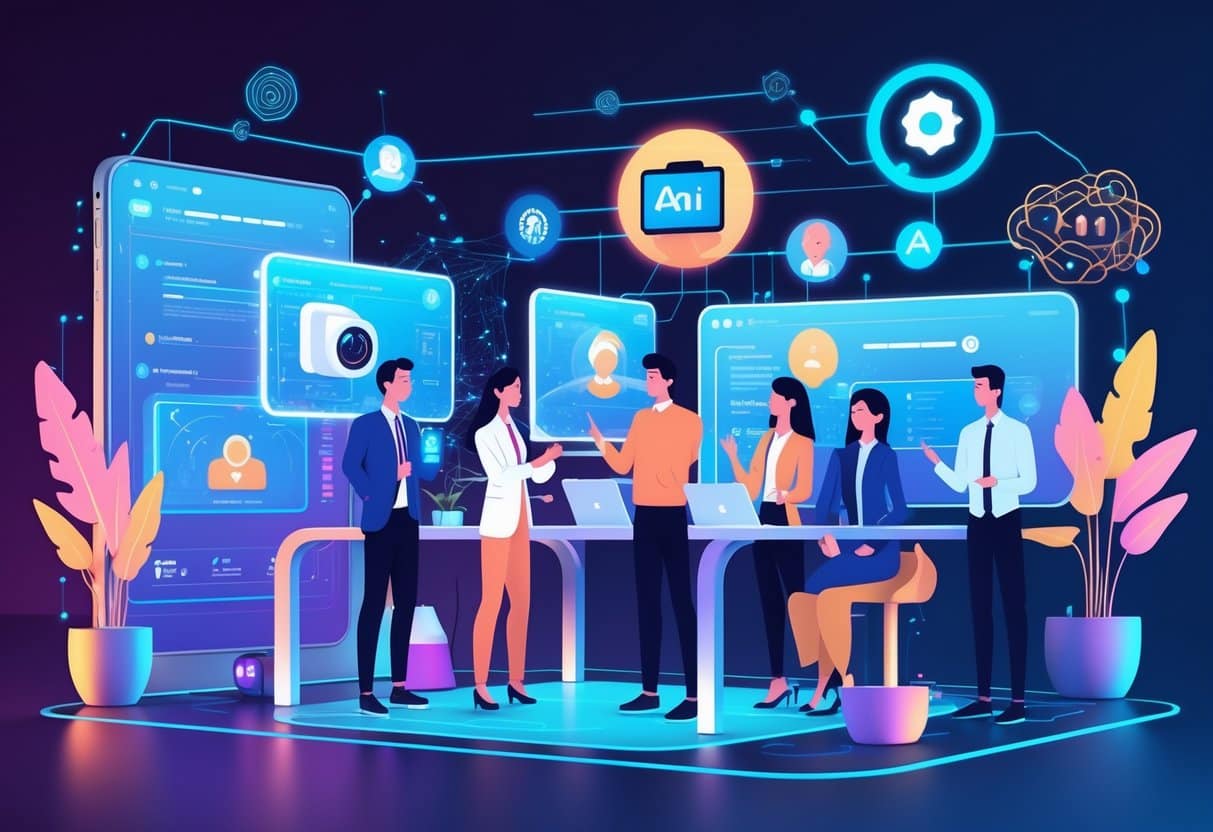 A group of people interacting with futuristic holographic technology and digital avatars in a modern workspace representing advanced technologies shaping the future of chatterbate and camming.
