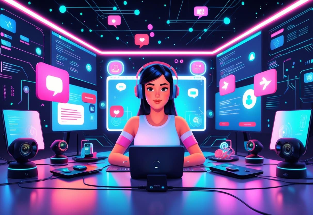 A young woman streaming with multiple screens and futuristic devices showing interactive features and virtual connections on chatterbate.