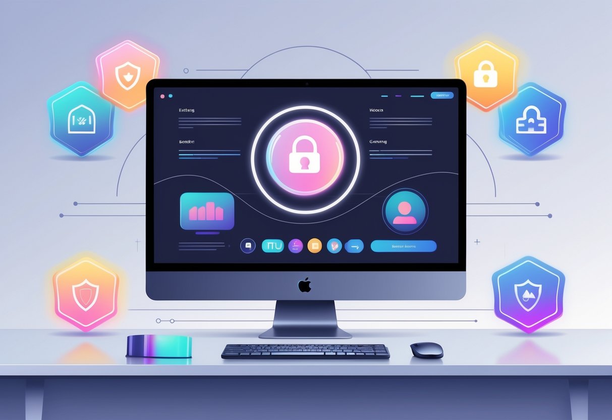 A modern workspace with a computer showing abstract icons representing live streaming, user interaction, and security, surrounded by five glowing badges symbolizing top adult cam sites.