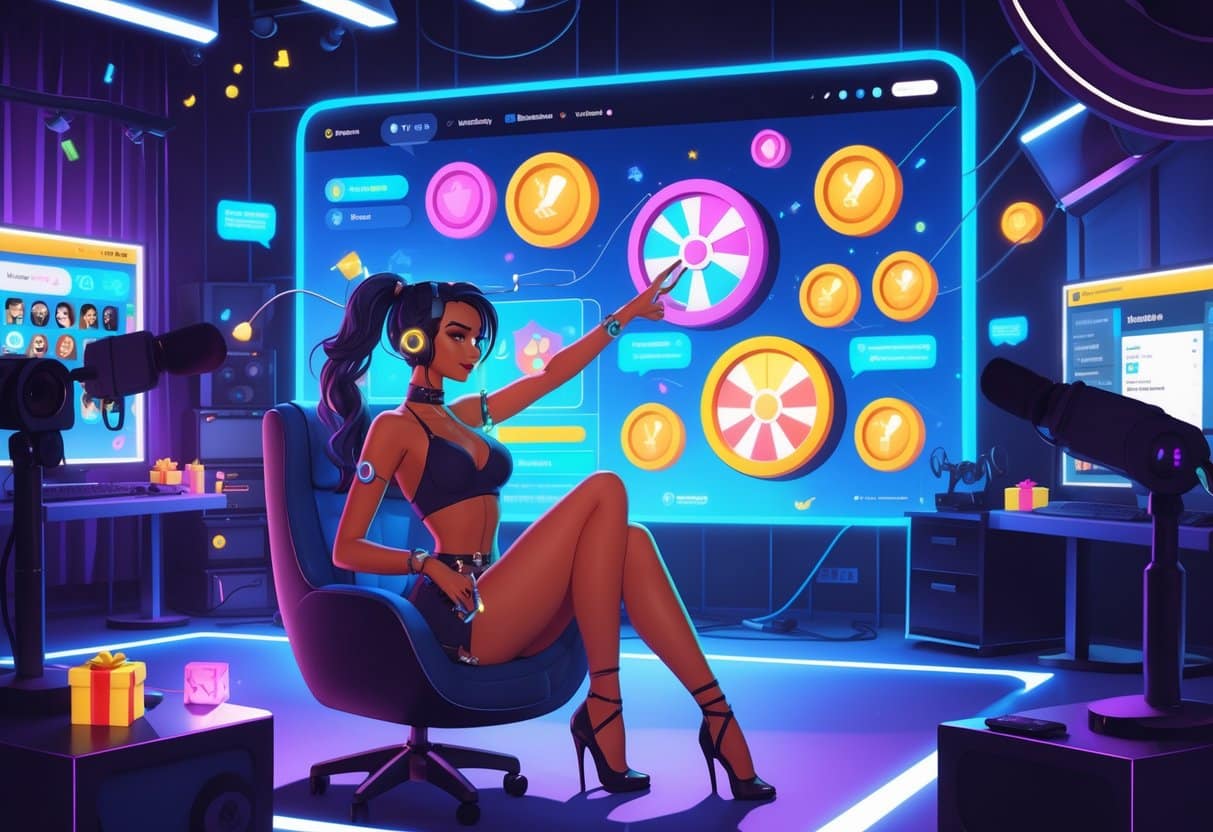 An adult performer hosting cam show games in a cozy studio, interacting with an online audience through a large screen showing colorful game elements and chat, surrounded by gaming accessories.