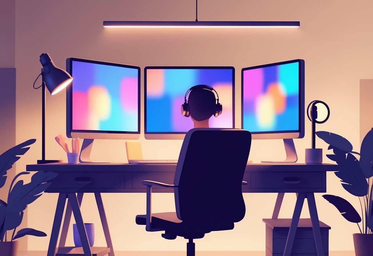 Modern home office setup for live streaming with ring light and webcam