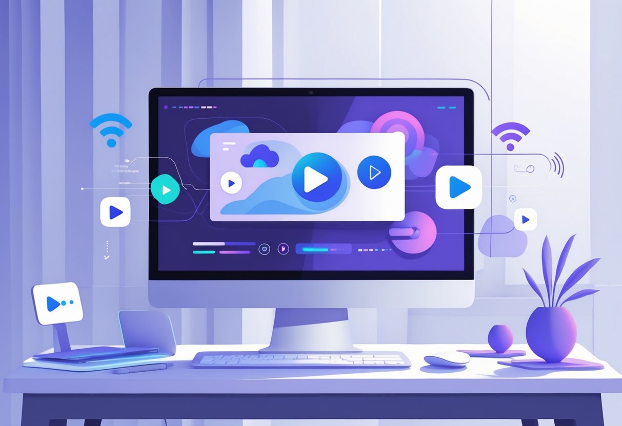 A modern laptop on a desk displaying abstract colorful shapes and digital icons representing online content, with symbols of connectivity around it.