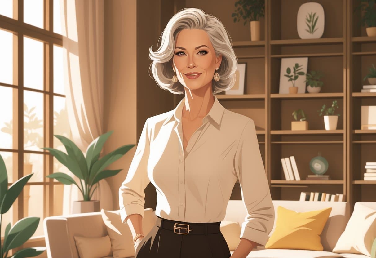 A confident mature woman in a stylish room, MILF Pussy content, bookshelves and plants in background