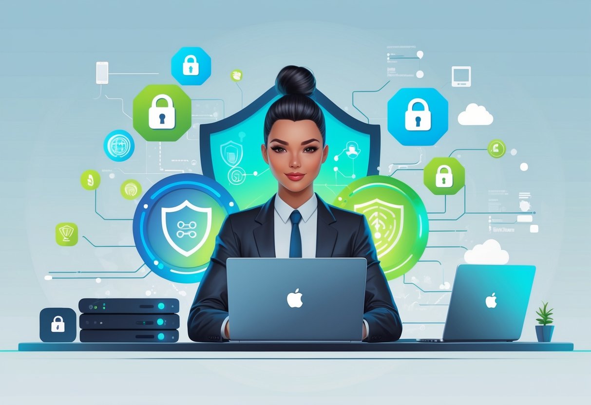 A cam performer surrounded by digital security symbols, emphasizing safety and privacy for Cam Performers online.