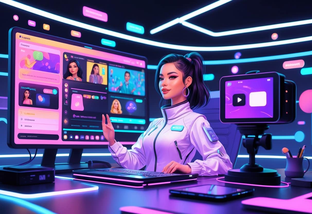 A female chatterbate Model using interactive streaming features in a modern workspace.