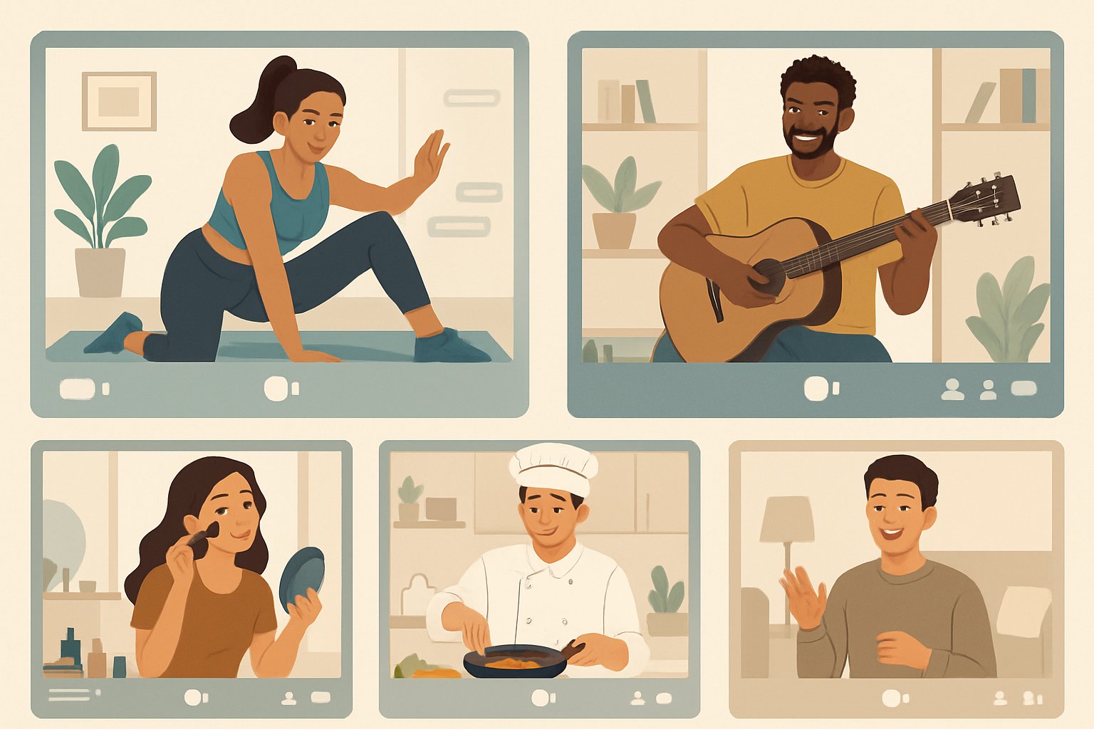 A modern computer screen showing a blurred live video streaming interface with chat bubbles and multiple video thumbnails, chatterbate platform environment.