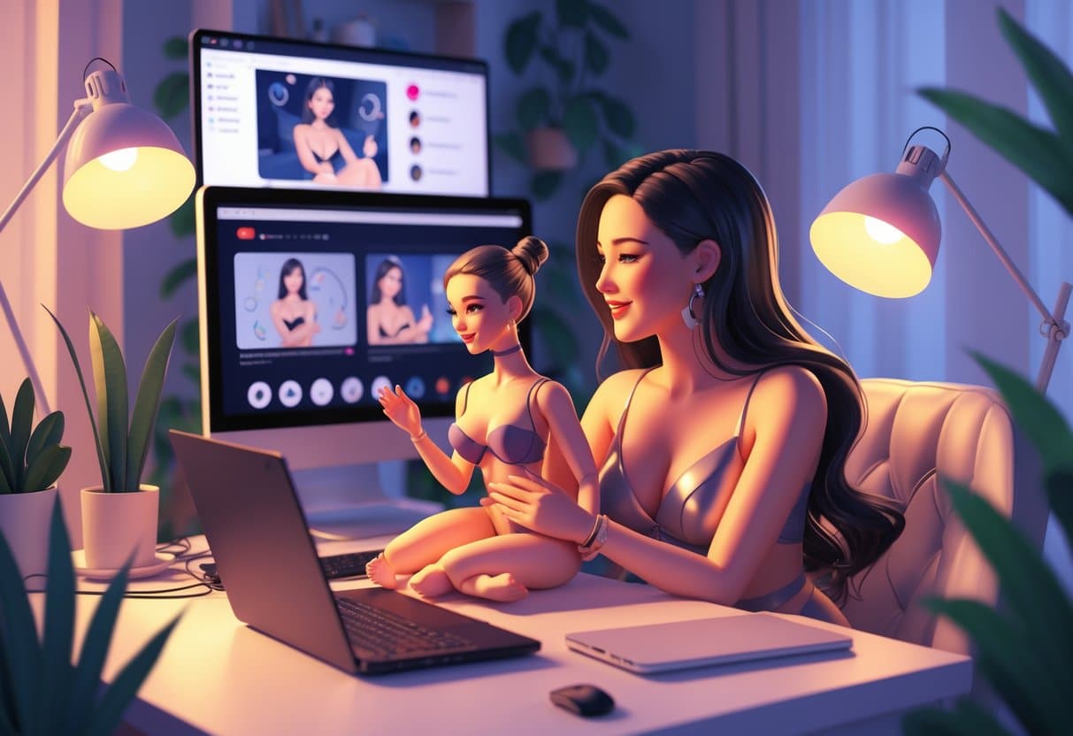 A cam model streaming with a realistic sex doll, webcam, and cozy lighting