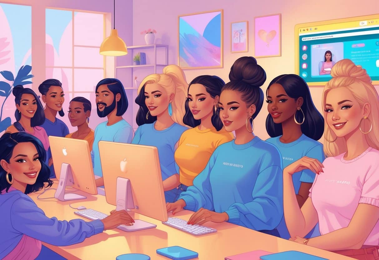 A group of diverse transgender adults streaming trans adult cam shows in a studio.