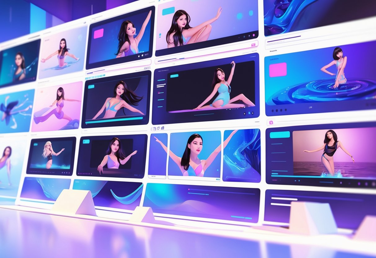 A digital interface showing multiple video screens with performers and dynamic water effects in a clean, organized squirt cams layout.