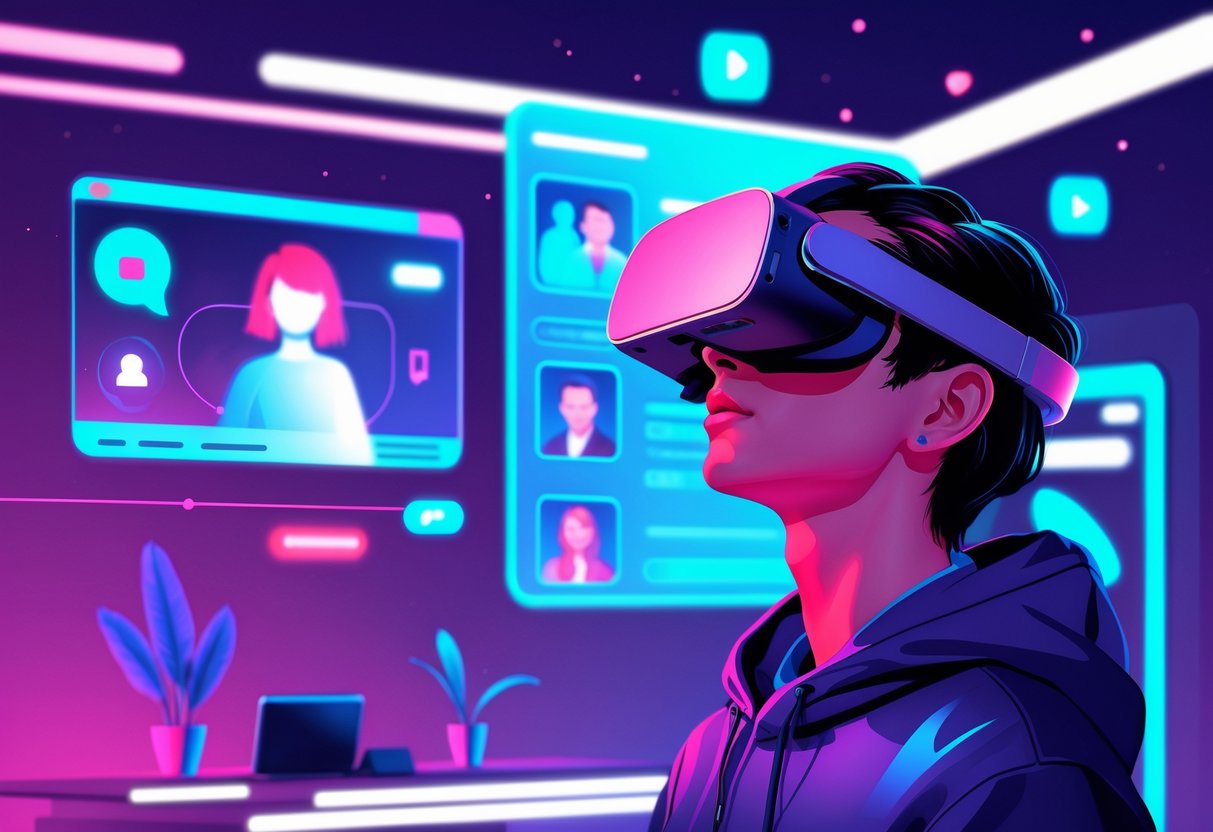 Woman using Stripchat VR headset and surrounded by VR cameras