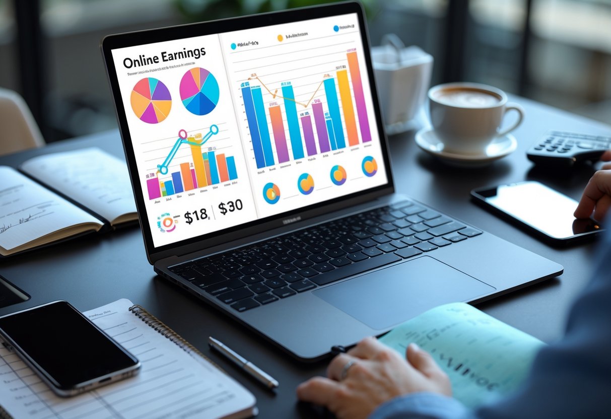 Workspace with Chatterbate Earnings Calculator, charts, and office items on desk